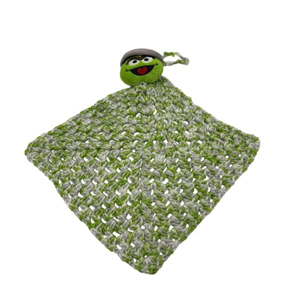 Oscar The Grouch Crochet Blanket Plush Head Green Gray Lovey Baby Item Handknit - Picture 1 of 5